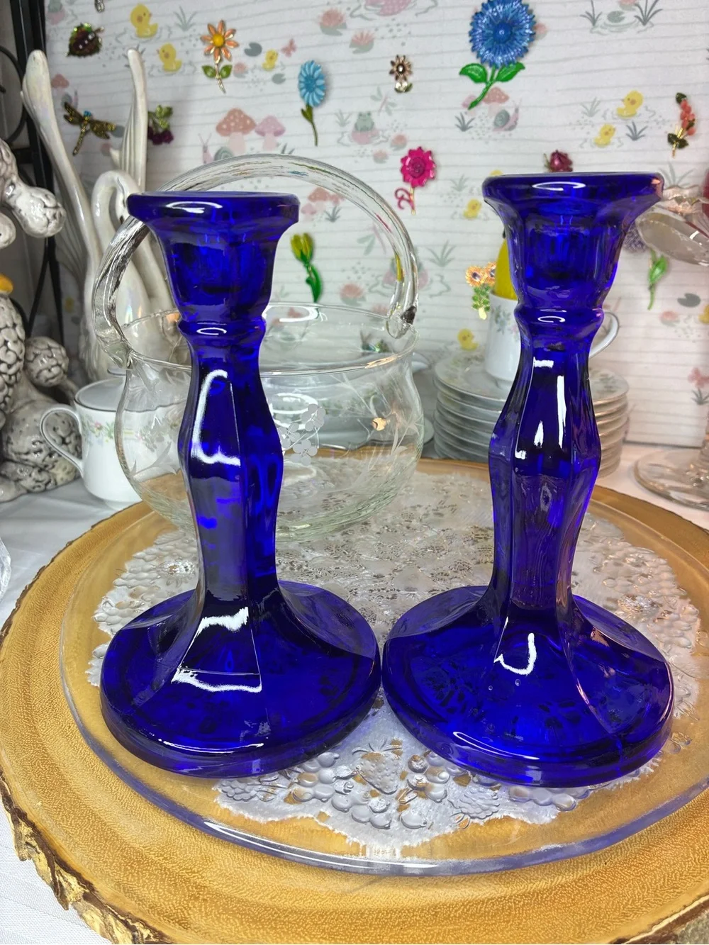 Cobalt Blue Glass Candlestick Pair - Elegant Home Accents